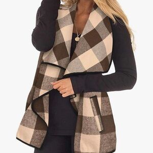 Plaid Open Front Sweater Vest - Brown and Cream